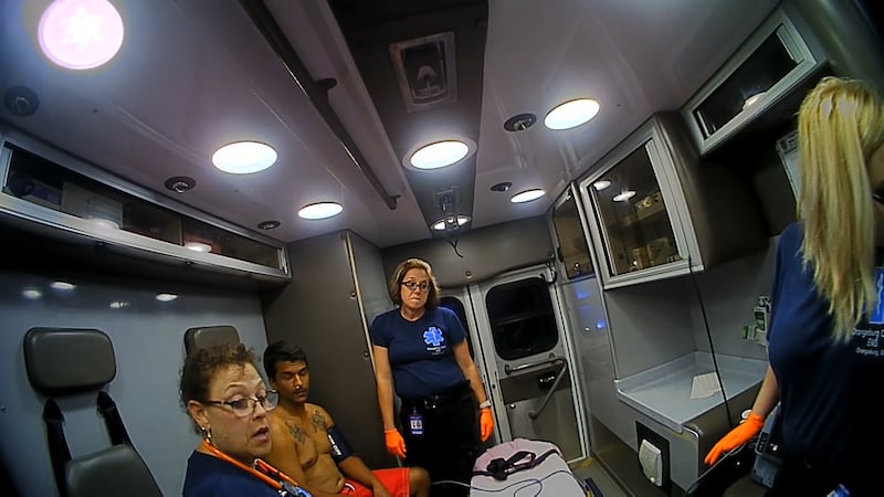 Paul Tarashuck, pictured here inside an ambulance without a shirt on, was being treated on...