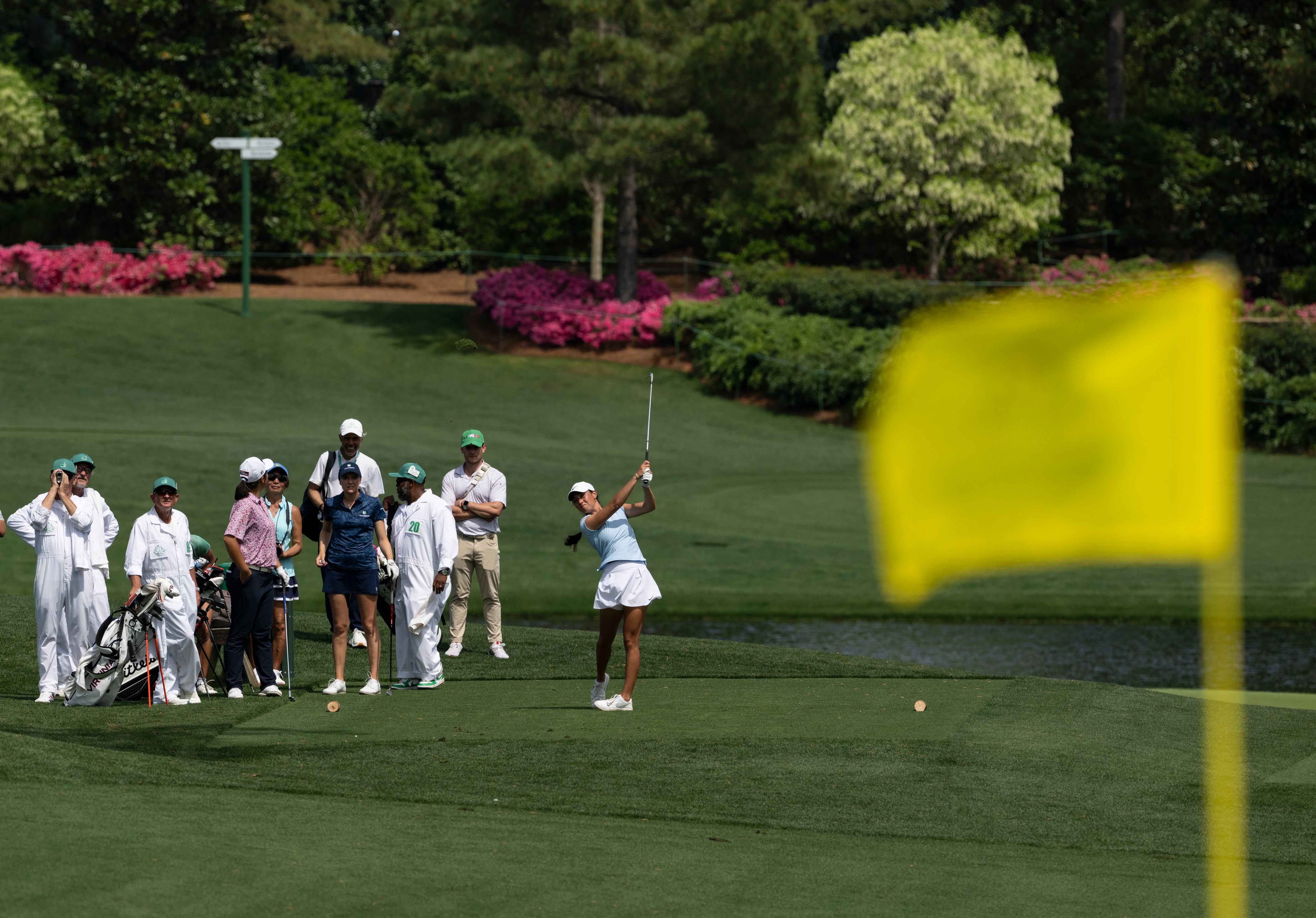 Amanda Sambach of United States plays a stroke on the Par 3 course during a practice round for...
