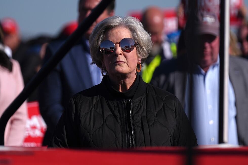 Susie Wiles watches as Republican presidential nominee former President Donald Trump speaks at...