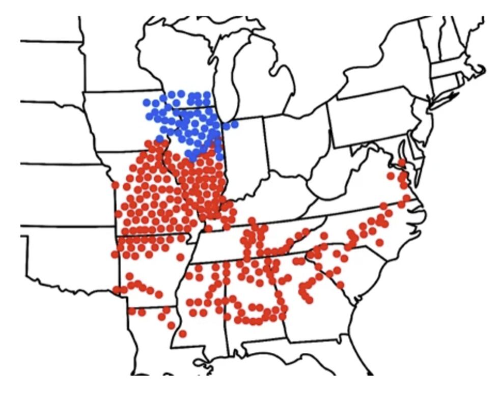 This map shows where cicadas will emerge, starting in May. Brood XIII is shown by blue dots,...