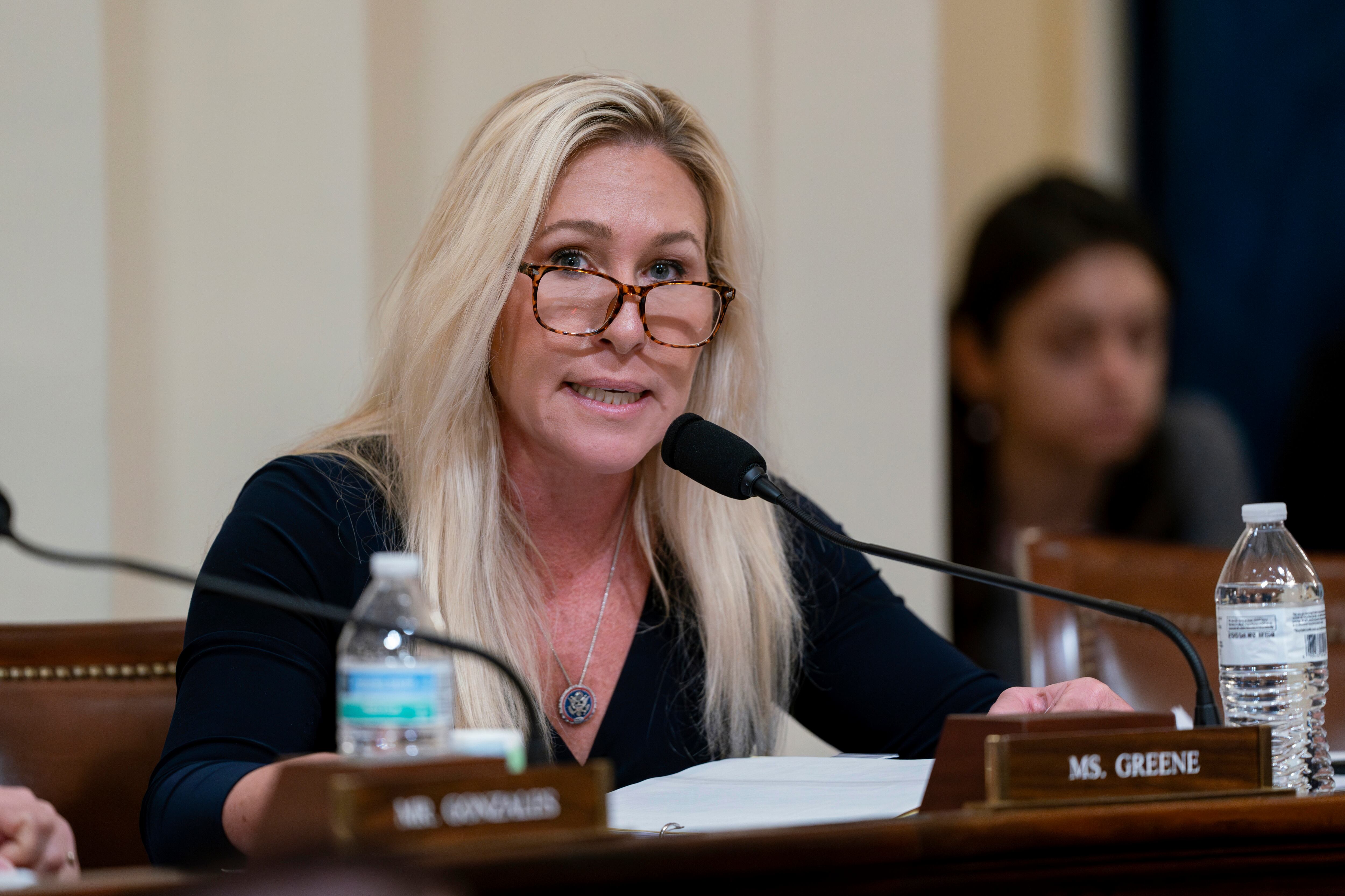 Rep. Marjorie Taylor Greene, R-Ga., speaks as Republicans on the House Homeland Security...