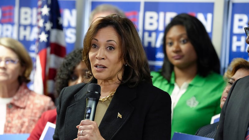 FILE - Vice President Kamala Harris speaks to ers after filing President Joe Biden's...