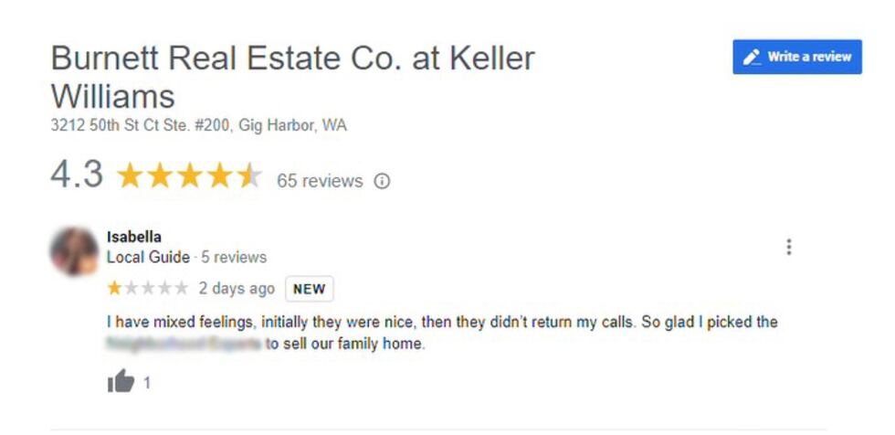A Google reviewer named "Isabella" left this review on Nicole Burnett's Google Map page...