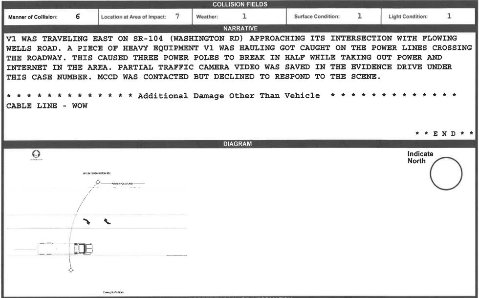 incident report for semi-truck that hit power pole on Washington Road