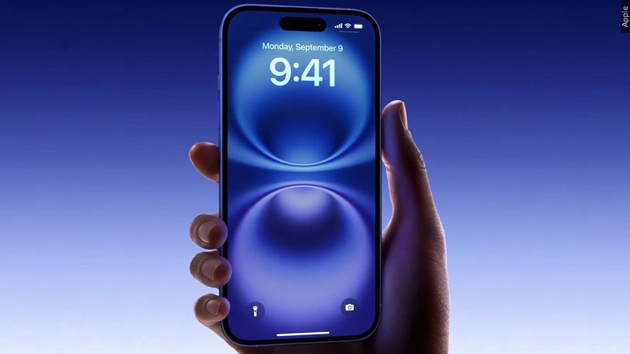 Photo of a hand holding the new iPhone 16 model by Apple.