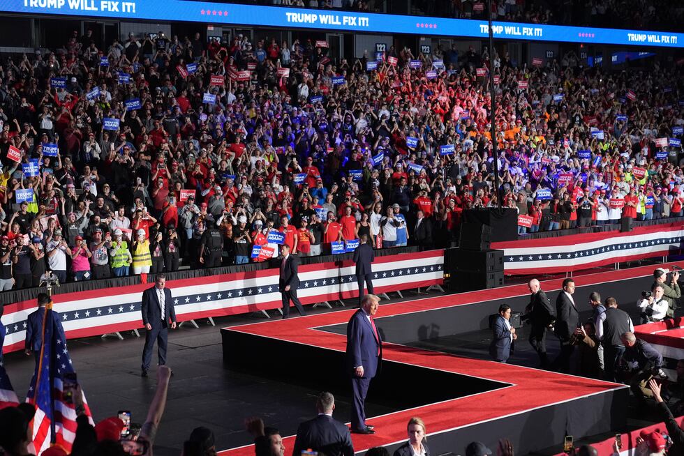 Republican presidential nominee former President Donald Trump arrives at a campaign rally at...