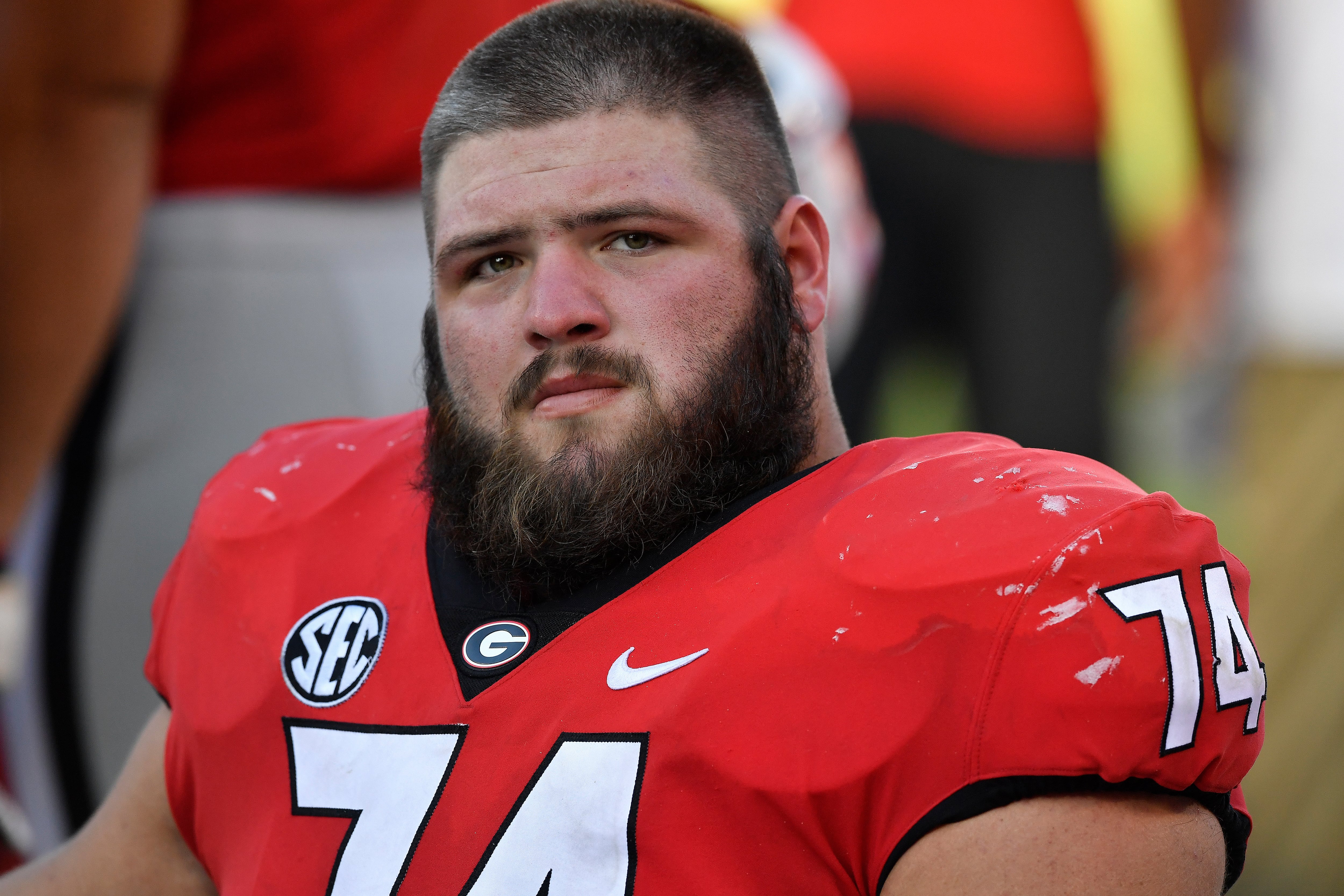 FILE - In this Sept. 1, 2018, file photo, Georgia offensive lineman Ben Cleveland (74) sits on...