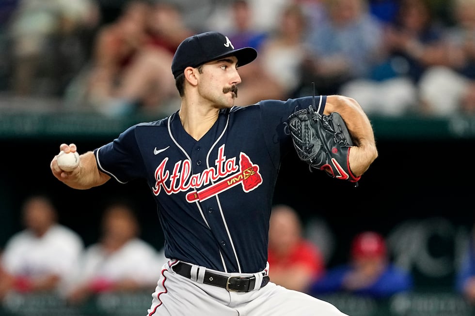 Atlanta Braves starting pitcher Spencer Strider throws to the Texas Rangers in the first...