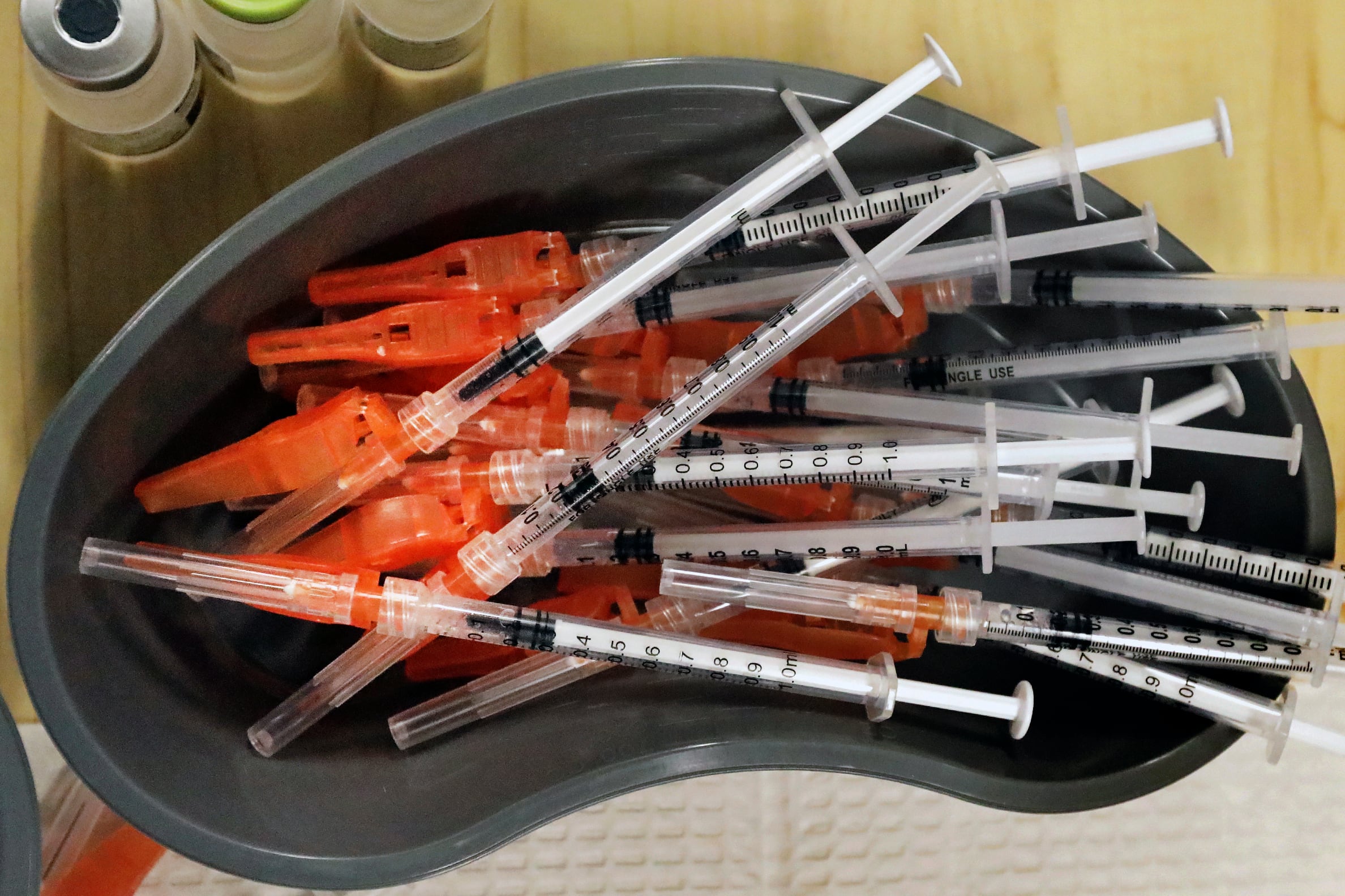 FILE - Pre-loaded syringes of the COVID-19 vaccine are ready for use in New Orleans on Jan....