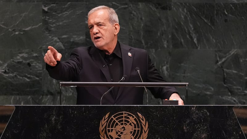 Iran's President Masoud Pezeshkian speaks during the 81st session of the United Nations...