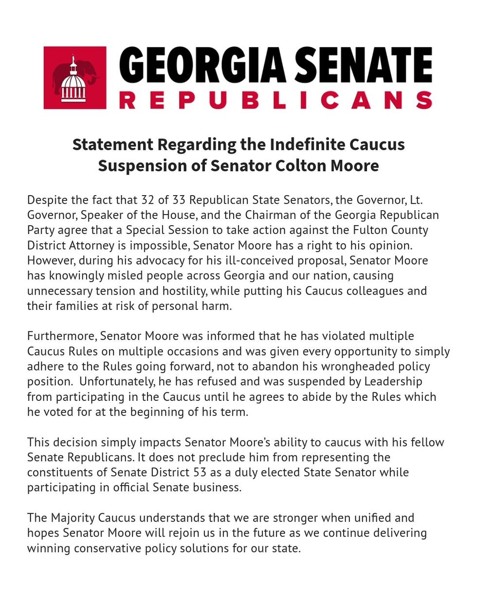 Georgia Senate Republicans on the indefinite caucus suspension of Senator Colton Moore