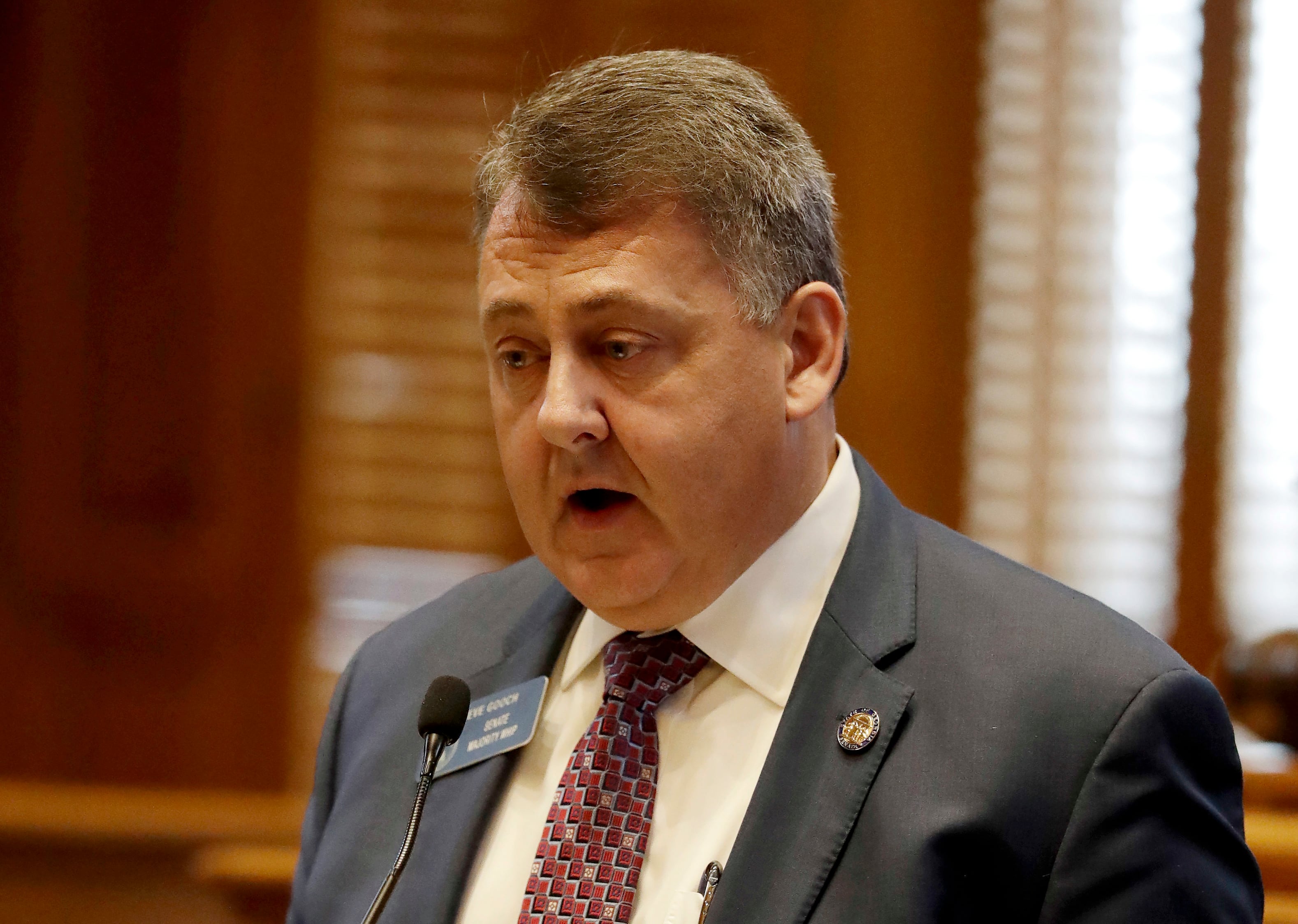 FILE - Georgia state Sen. Steve Gooch, R-Dahlonega, speaks from the well on the floor of the...