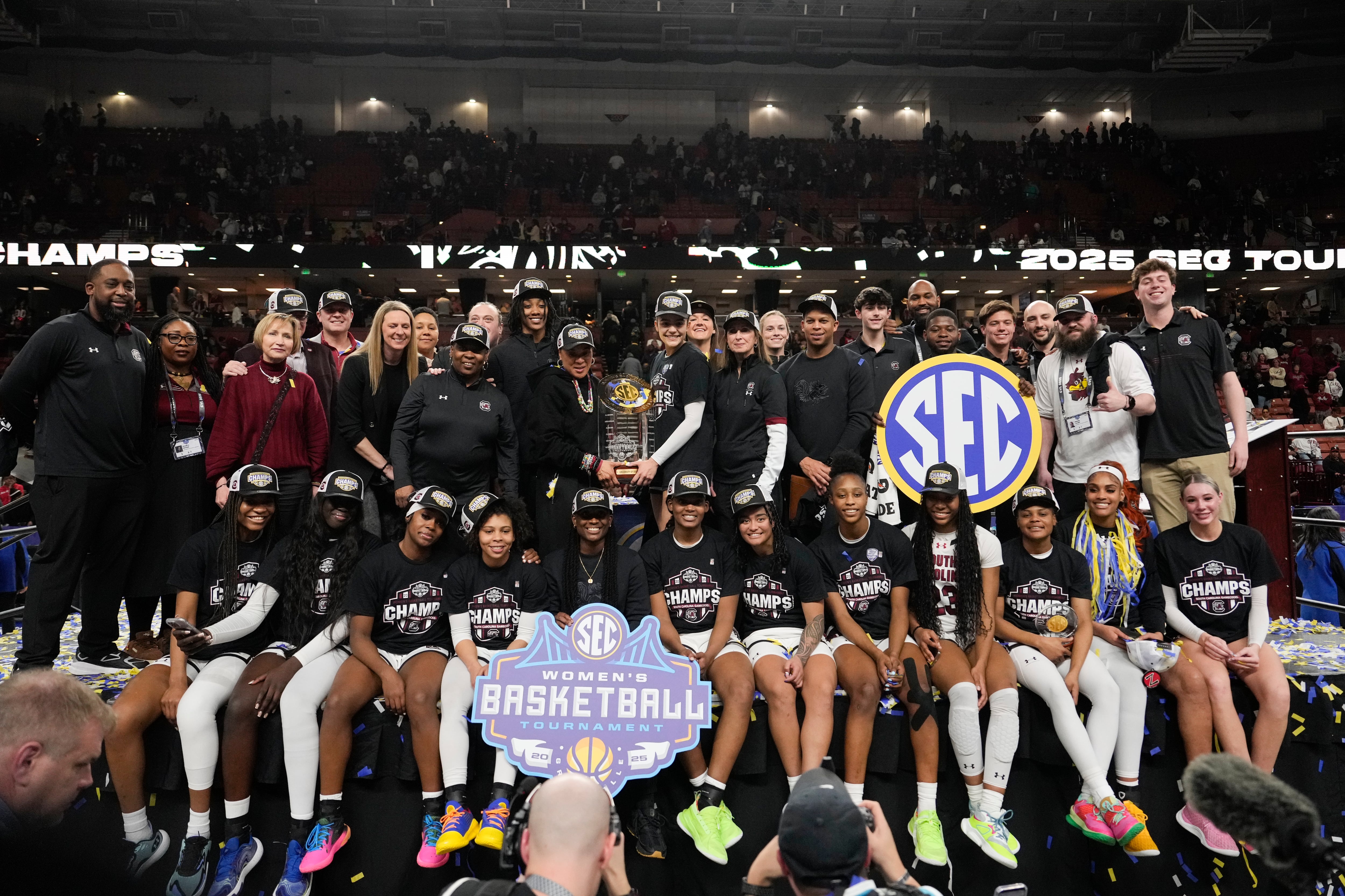 South Carolina poses after their win against Texas in an NCAA college basketball game in the...