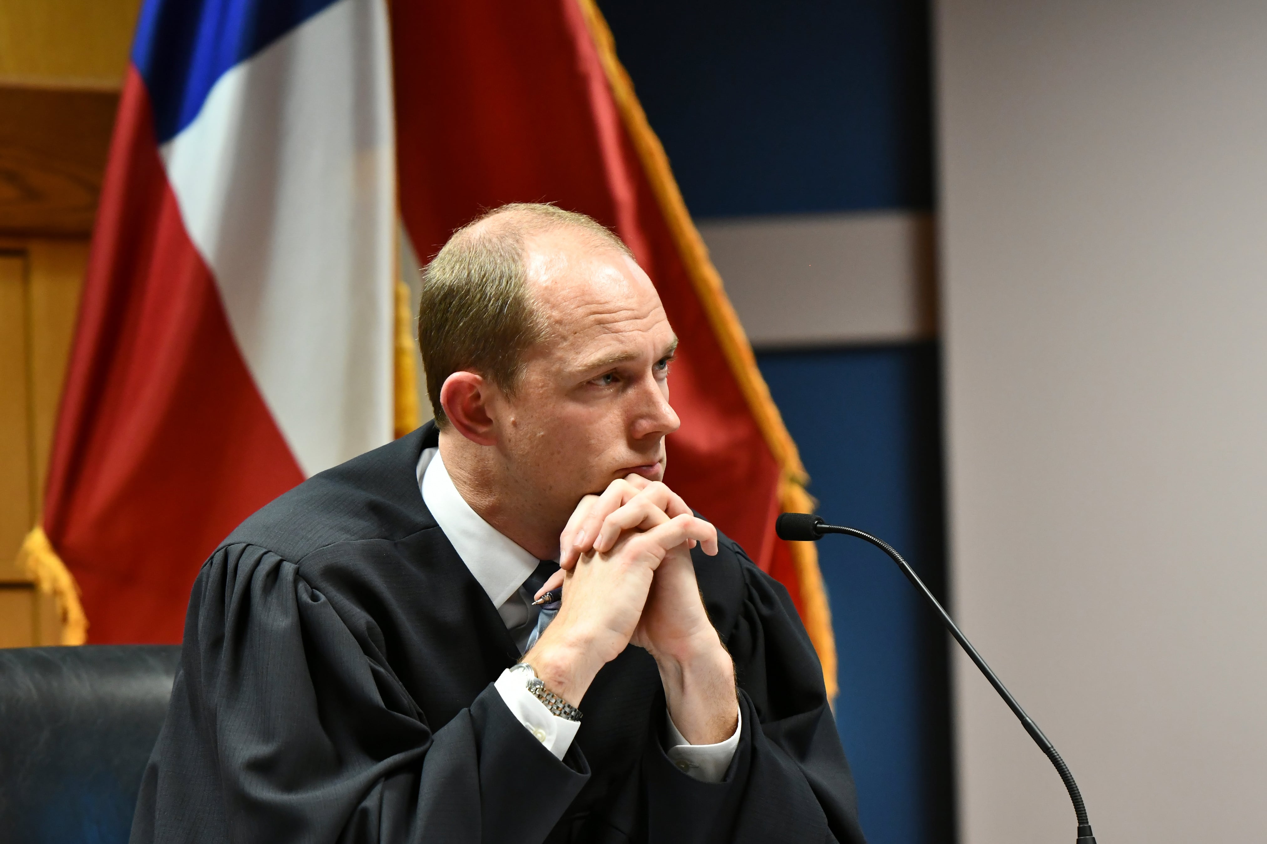 Fulton County Superior Court Judge Scott McAfee presides during a hearing regarding defendant...