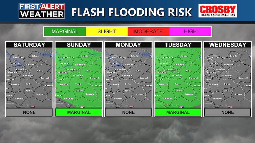 Storms capable of producing heavy rainfall look possible Sunday and again Tuesday. Isolated...