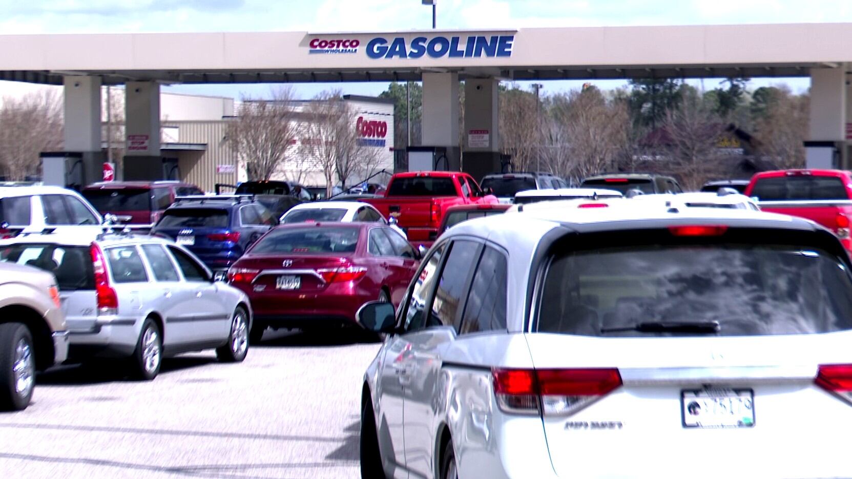 Drivers line up to by gas at Costco in Augusta.