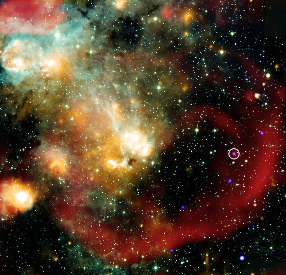 This image provided by NASA shows X-rays from NASA’s Chandra X-ray Observatory (represented in...