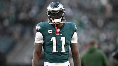 Philadelphia Eagles wide receiver A.J. Brown (11) looks on during pre-game warm-ups before an...