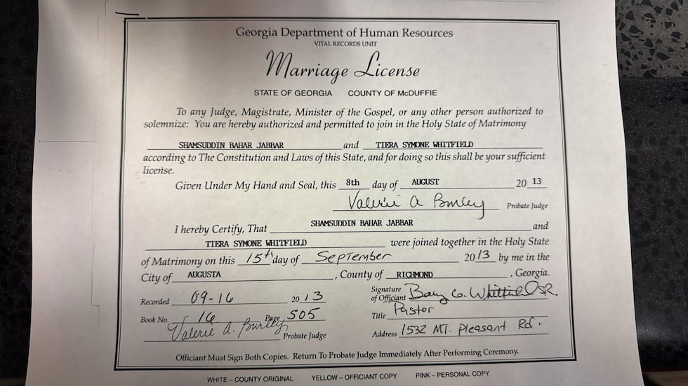Shamsud-Din Jabbar's marriage license in McDuffie County.