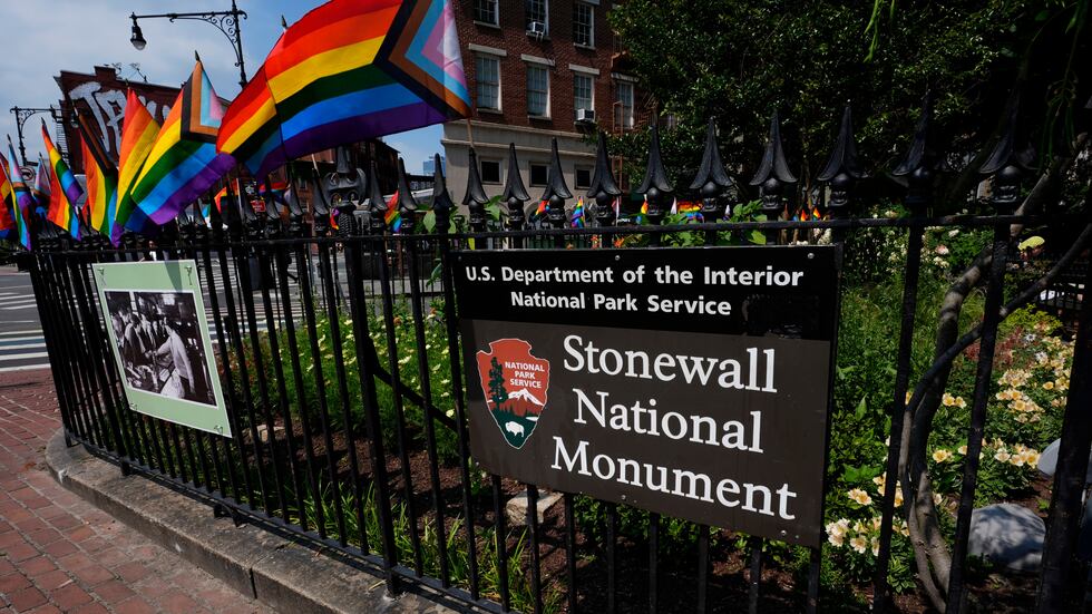 FILE - A National Park Service sign marks the Stonewall National Monument outside the...