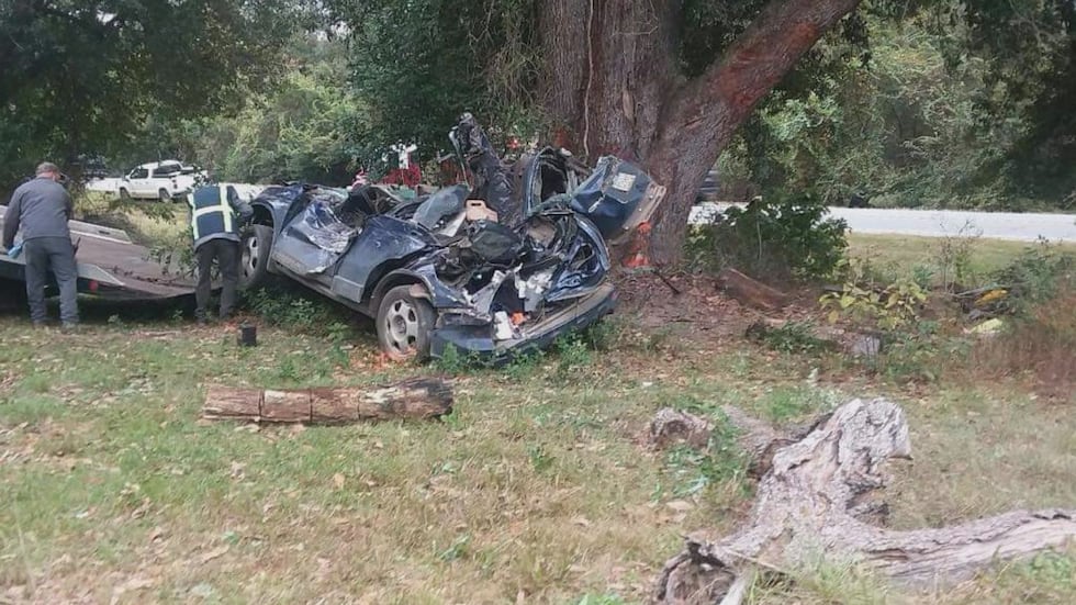 Ginger Davis' car overturned and hit a nearby tree.