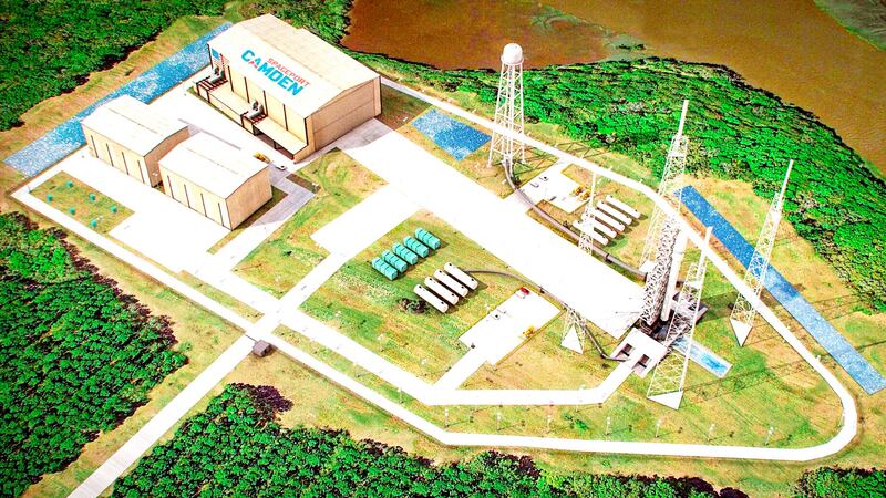 This artist's sketch provided by Spaceport Camden shows the launch pad complex of the proposed...