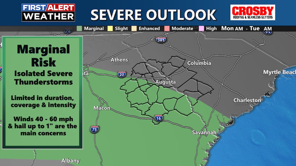 Storms capable of producing gusts up to 60 mph and quarter-sized hail look possible Memorial Day.