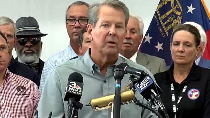 Georgia Gov. Bran Kemp discusses damage from Trropical Storm Debby on Aug. 9, 2024.
