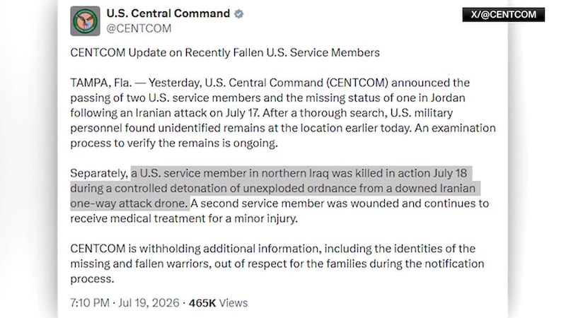 A soldier was killed in Iraq on Saturday, government officials confirmed Sunday. (Source:...